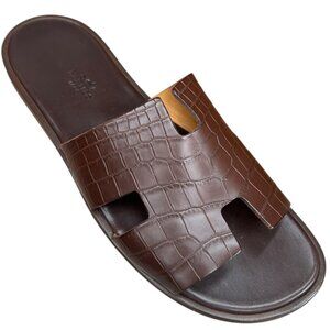 New Hermes Crocodile Izmir Sandals Iconic H Cutout Shoes EU 44 Flip Flops Italy